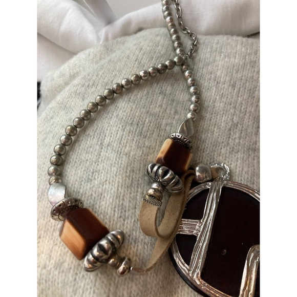 Artisan Pendant Necklace Silver Tone Beaded Chunky Artsy Brown Resin Statement - Picture 9 of 14